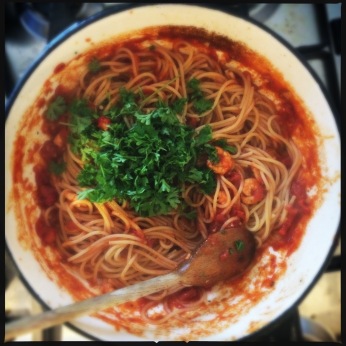 Tomato, Garlic, Chilli, Parlsey and Prawn Spaghetti